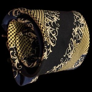 2/$25 Handmade Silk Tie in Navy and Gold Baroque Stripe